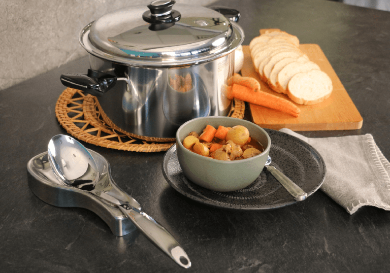 Delicious vegetable casserole served from Saladmaster’s non-toxic 7 Quart Roaster and ladle—safe, PFAs-free cookware.