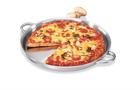Saladmaster 12 inch deep dish griddle with freshly cooked pizza, non-toxic stainless steel cookware
